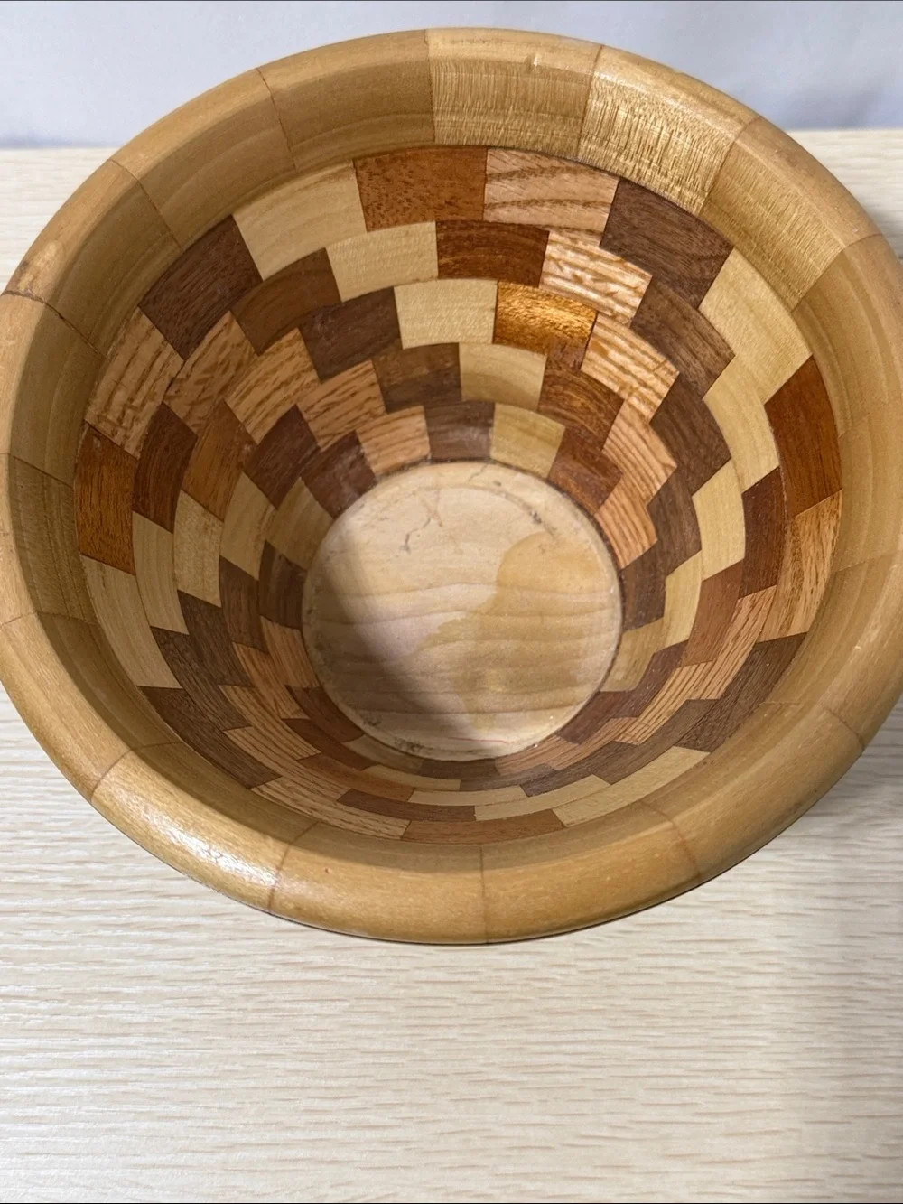 Handcrafted Two-Tone Wood Mosaic Bowl - Natural Brown